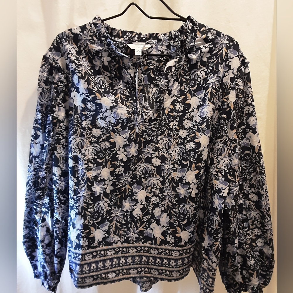 Floral Blouse with Blue and White Pattern